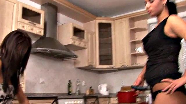 Kitchen femdoms pegging guy in amateur 3some with strapon