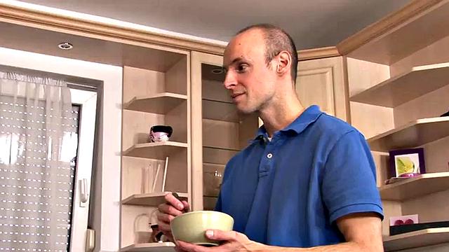 Kitchen femdoms pegging guy in amateur 3some with strapon