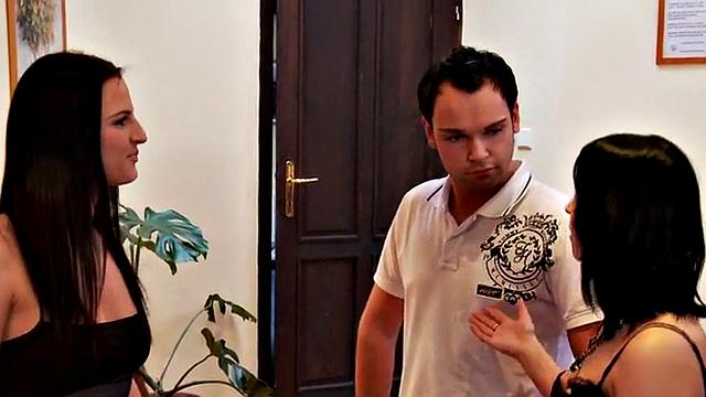 Pegging CFNM classy gals fuck guy with dildo in threesome