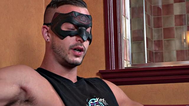 Masked stud jerks and cums in bathroom in solo action
