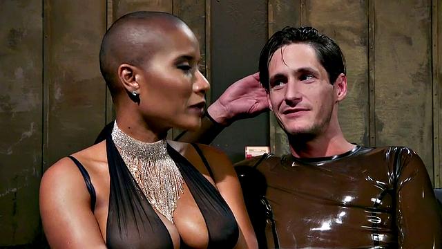 Nubian domina whips blindfolded sub in BDSM pleasure