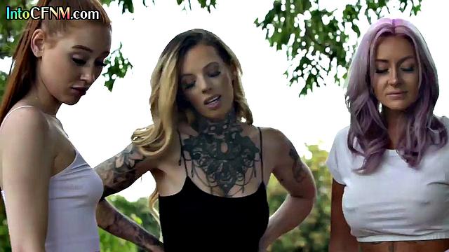 Nasty CFNM babes cocksucking outdoors