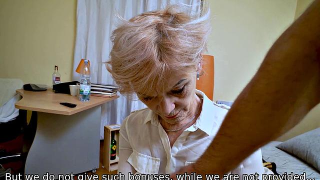 Insatiable blonde agent in stockings & high heels enjoys unplanned threesome with lucky guy