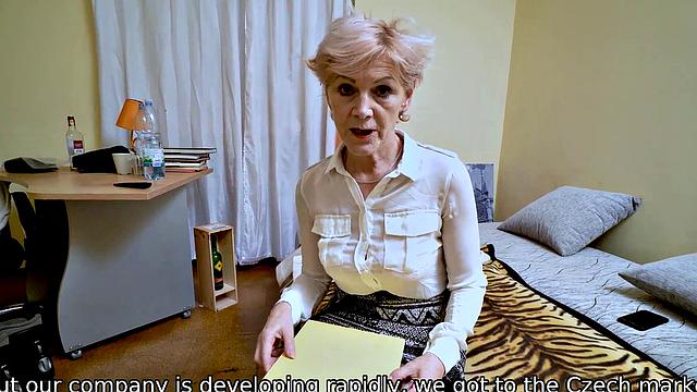 Insatiable blonde agent in stockings & high heels enjoys unplanned threesome with lucky guy