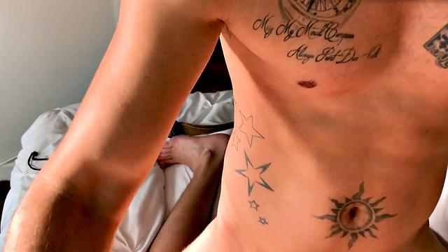 Bearded stud barebacked in three-way for cum on ass