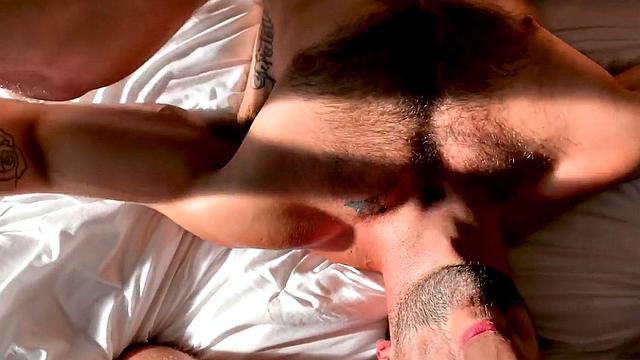 Bearded stud barebacked in three-way for cum on ass