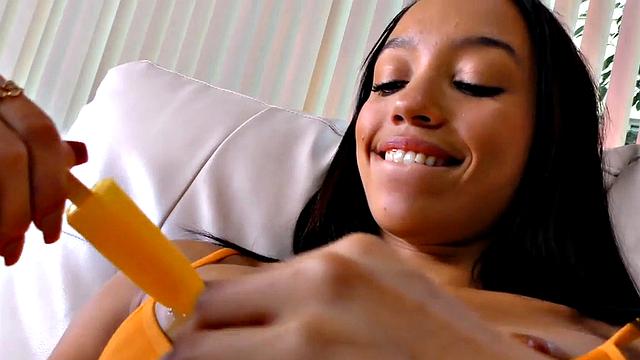 Ebony amateur babe POV throats cock after licking cream