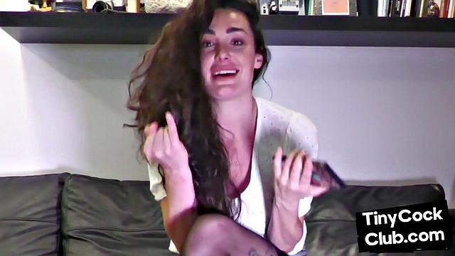 Sexy classy babe commenting on small dick