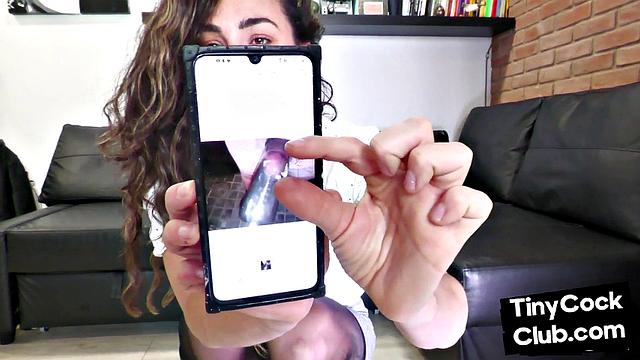 Sexy classy babe commenting on small dick