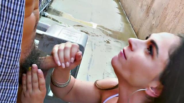 Busty MILF with big tits takes a deep dicking in public & gets a cum facial