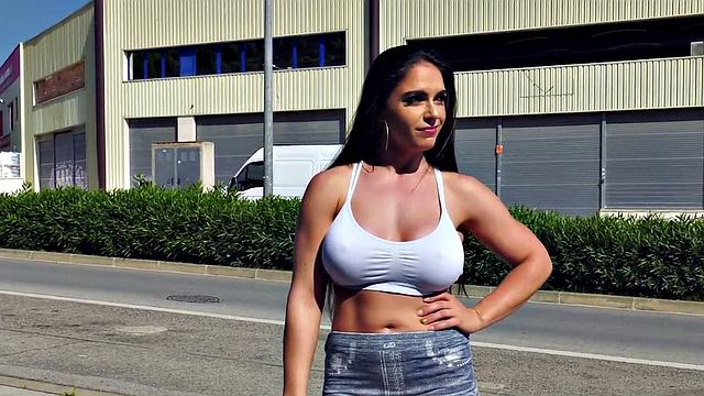 Busty MILF with big tits takes a deep dicking in public & gets a cum facial