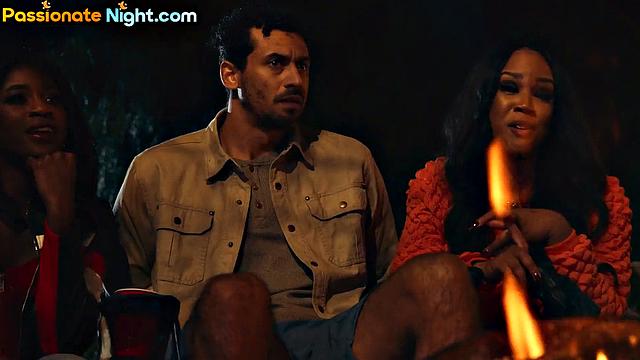 Busty ebony babes sharing cock and cumshot in threesome