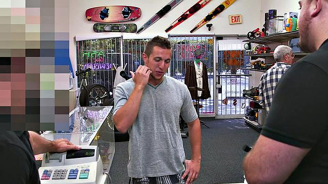 Pawnshop stud fucked in office by lucky owners