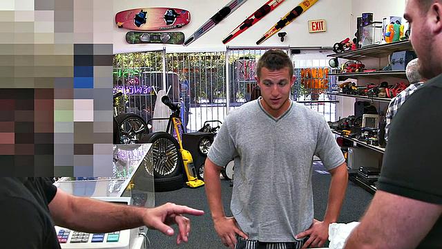 Pawnshop stud fucked in office by lucky owners