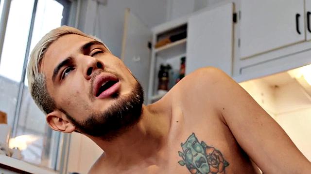 Tattooed inked stud pees in the ass before getting his ass drilled and balls licked