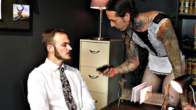 Bisex office MILF pussyfucked by crossdresser in 3way