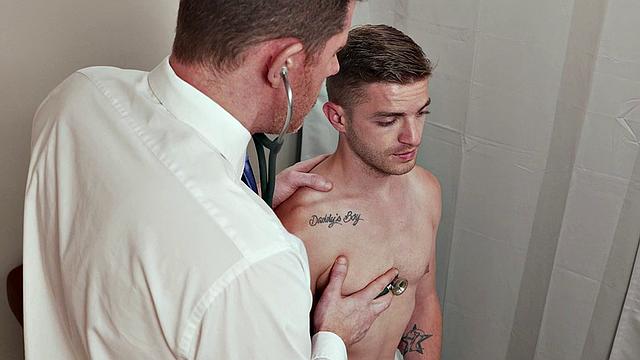 Cute and petite twink on medical check by tall doctor