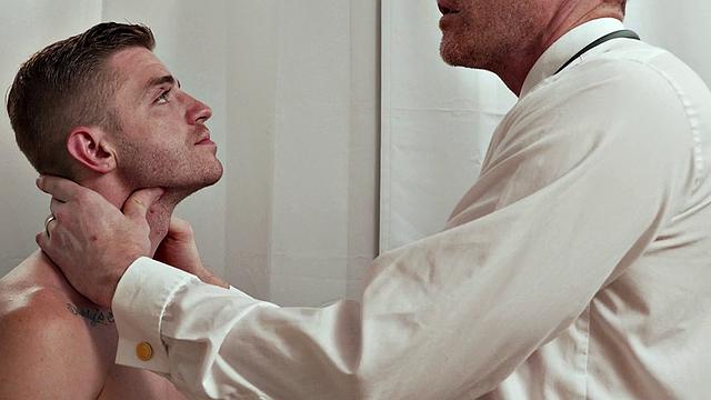 Cute and petite twink on medical check by tall doctor