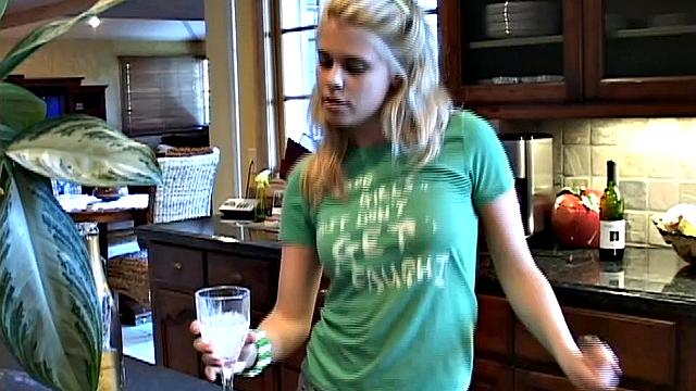 Little Summer shows off breasts and masturbates in the kitchen