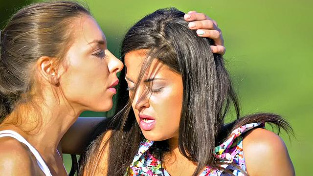 Russian brunettes scissor and kiss while wearing glasses and trimmed pussy