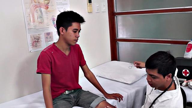 Hairy Asian twink asstoyed by doctor with enema process