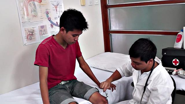 Hairy Asian twink asstoyed by doctor with enema process