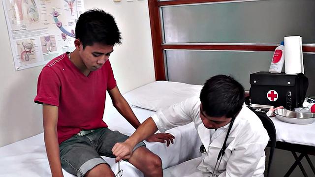 Hairy Asian twink asstoyed by doctor with enema process