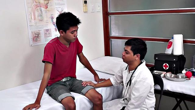 Hairy Asian twink asstoyed by doctor with enema process