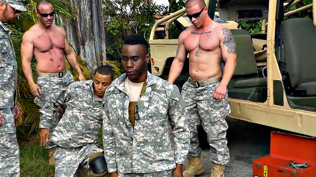 Skinny army stud rides cock in shower for voyeurs