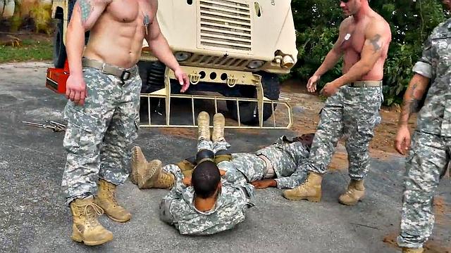 Skinny army stud rides cock in shower for voyeurs