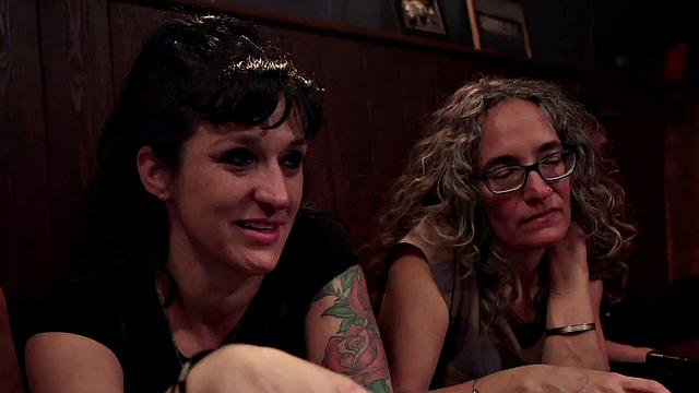 Submissive dykes strapon in public orgy by lezdoms