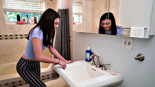 Tattooed maid with small tits gets her pussy slammed by client in the bathroom