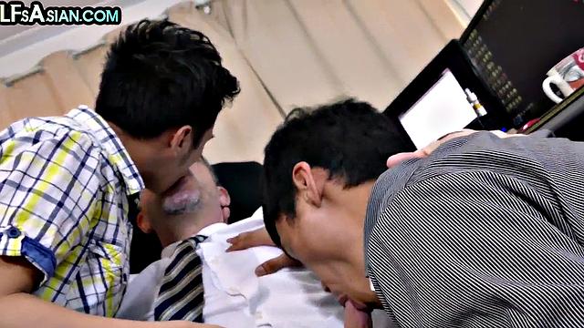Office DILF spoils Asian twinks in 3some with anal