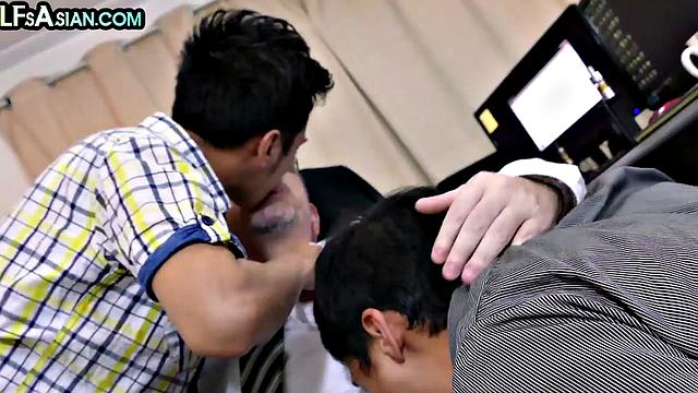 Office DILF spoils Asian twinks in 3some with anal