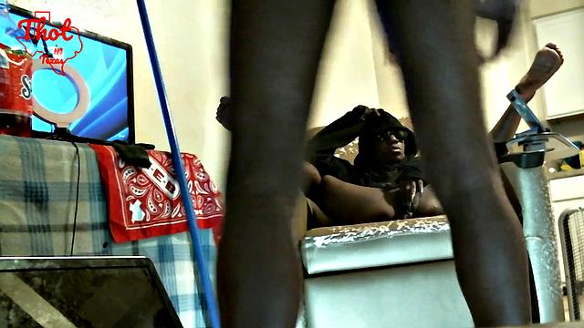 Watch this Ebony Texas Thot get her bald pussy and big ass fucked in the armchair