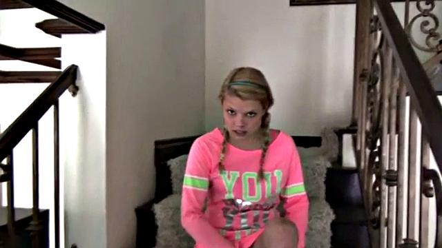 Watch this hot and skinny teen babe finger her tight pink pussy in socks and lingerie