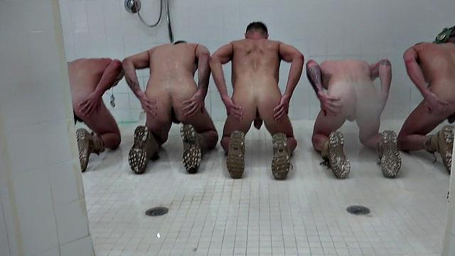 Army amateur stud fucked and jizzed in shower group sex