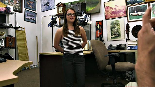 Petite pawnshop teen rides cock out back before facial