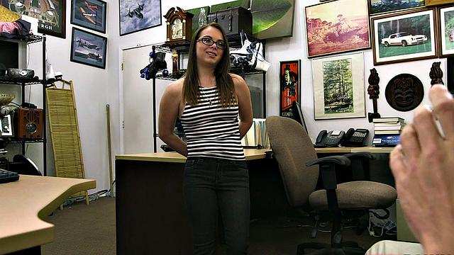 Petite pawnshop teen rides cock out back before facial