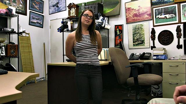 Petite pawnshop teen rides cock out back before facial