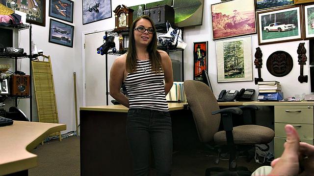 Petite pawnshop teen rides cock out back before facial