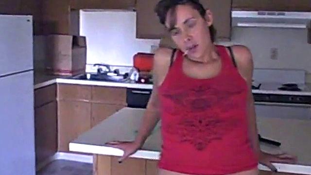 Kinky teen with small tits gets her tight pussy pounded in doggystyle in the kitchen