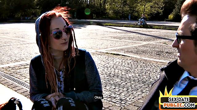 Skinny German redhead babe fucked in public
