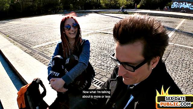 Skinny German redhead babe fucked in public