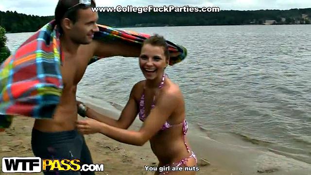 Redhead bikini girl in group sex