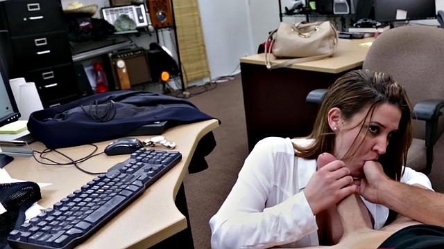 Busty pawnshop amateur sucks before sex in the back of shop