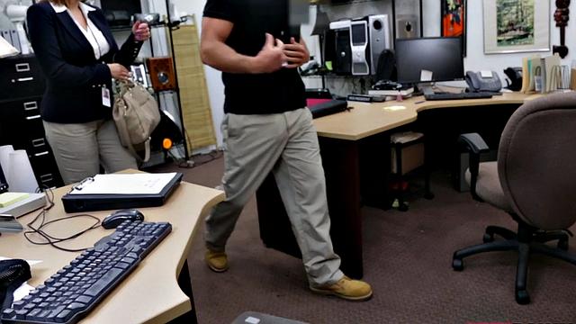 Busty pawnshop amateur sucks before sex in the back of shop