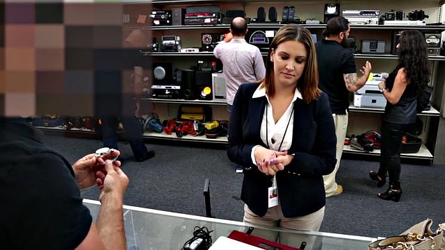 Busty pawnshop amateur sucks before sex in the back of shop