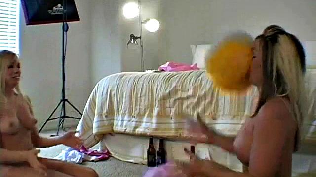 Blonde teens strip down & play kinky games in the bedroom