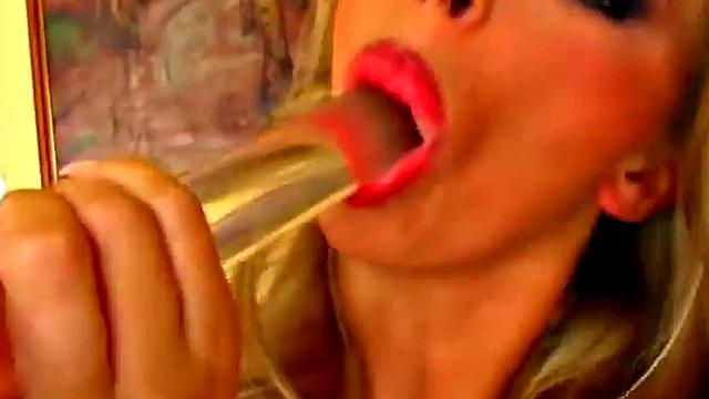 Blonde Bartu in lingerie and high heels masturbates solo with toys